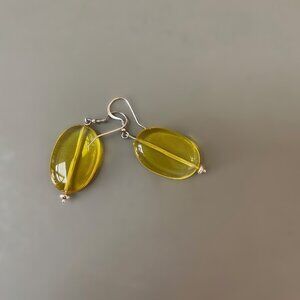 Yellow-Green / Chartreuse Oval Glass Earrings with Silver Bead